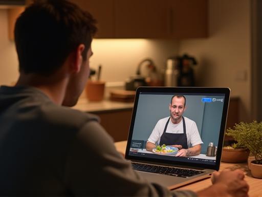 Person watching a cooking class on a laptop in a cozy kitchen setting.