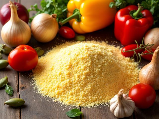 Selection of traditional Romanian ingredients like cornmeal, cheese, vegetables, and spices, arranged invitingly.